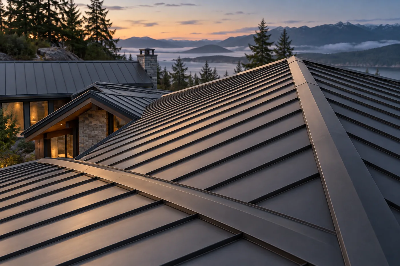 Illustration of charcoal standing-seam roofing at dusk